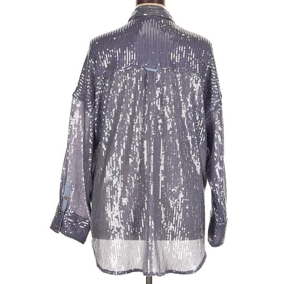 Anthropologie Pilcro Blue Sequin Oversized Button Up Blouse Size XL NEW - Picture 7 of 16
